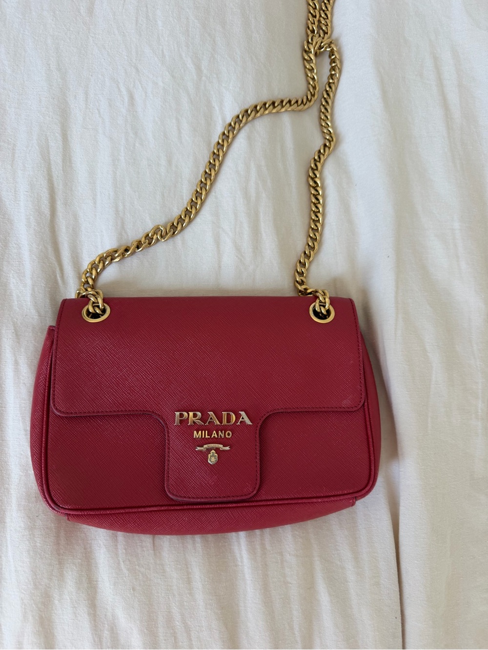 Prada Red Saffiano Leather Crossbody with Gold Chain